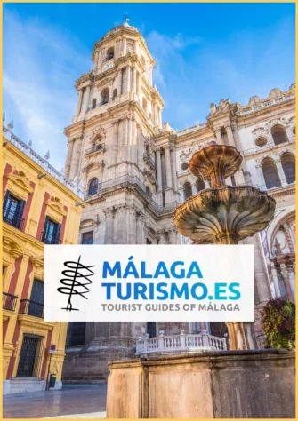 16 A stone fountain in front of Málaga Cathedral, with a clear blue sky. The image features a logo reading “MÁLAGA TURISMO.ES Tourist Guides of Málaga” at the bottom, similar in style to freewalk cologne tours.