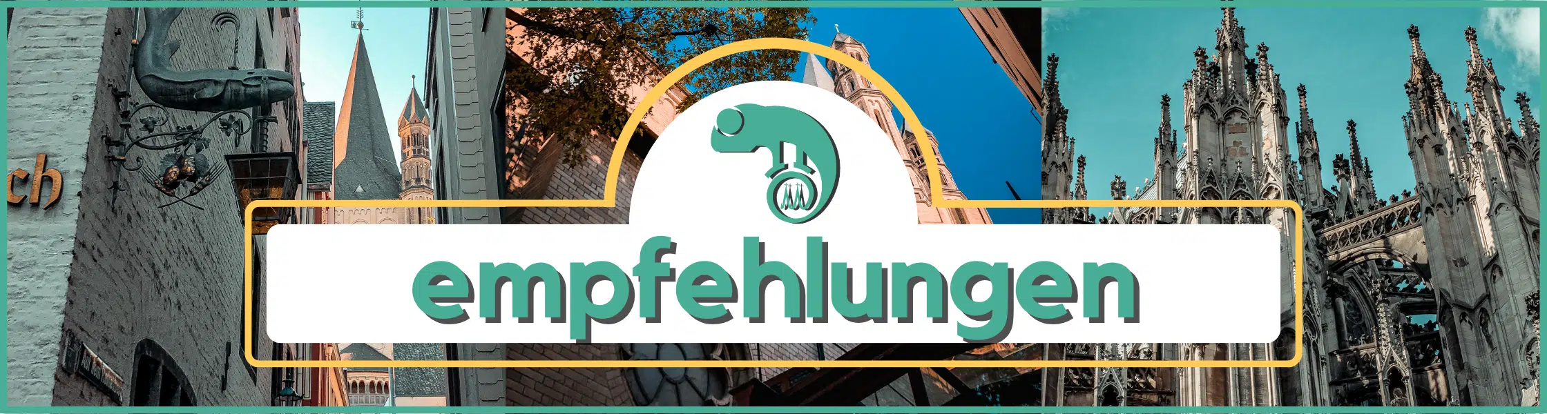 Eine Collage europäischer architektonischer Wahrzeichen zeigt das deutsche Wort "Empfehlungen" in fetten grünen Buchstaben, mit einer Cartoon-Hand, die über dem Text nach unten zeigt - perfekt, um Tipps für die Freewalk Cologne Tour hervorzuheben.