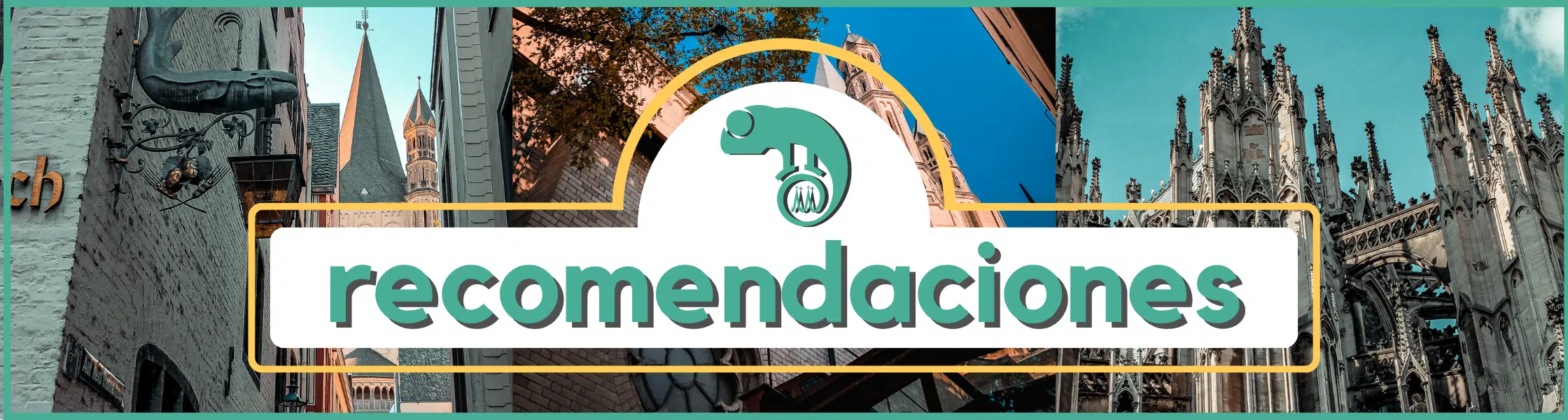 Pancarta con la palabra recomendaciones en negrita, superpuesta sobre imágenes de arquitectura gótica y edificios históricos de la colonia de los paseos libres. Sobre el texto, un logotipo con una mano que levanta el pulgar.