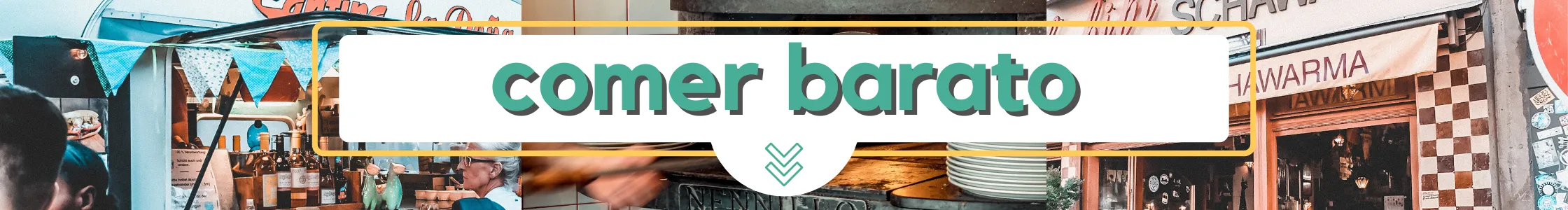 Banner con el texto en español comer barato sobre fotos de restaurantes informales y puestos de comida de fondo, sugiriendo opciones gastronómicas asequibles ideales para los viajeros que exploran con Freewalk Colonia.