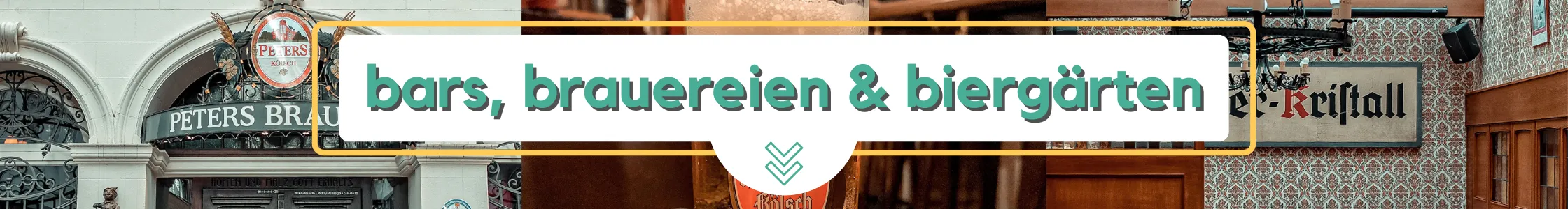 Ein Banner mit dem Text "Bars, Brauereien & Biergärten" in grünen Buchstaben über einer Collage von Bar- und Brauereieingängen mit dekorativen Schildern und hölzernen Details - perfekt für Ihr nächstes Freewalk Cologne-Abenteuer.