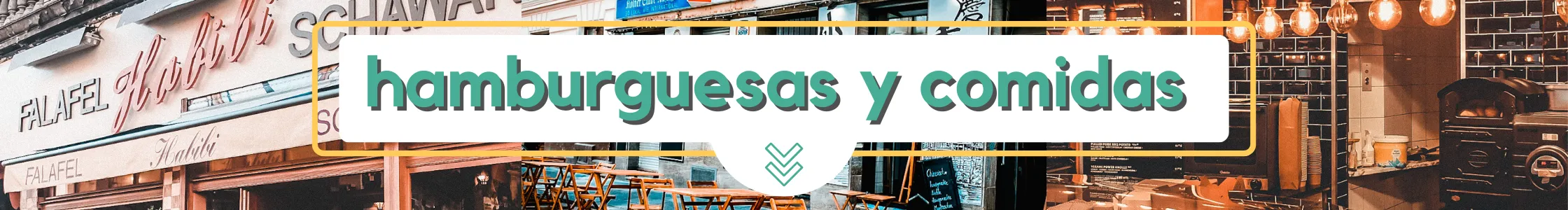 Pancarta con el texto en español hamburguesas y comidas sobre un collage de escenas de restaurantes y cafés en la Colonia de Freewalk, con mesas, sillas y una cálida iluminación de fondo.