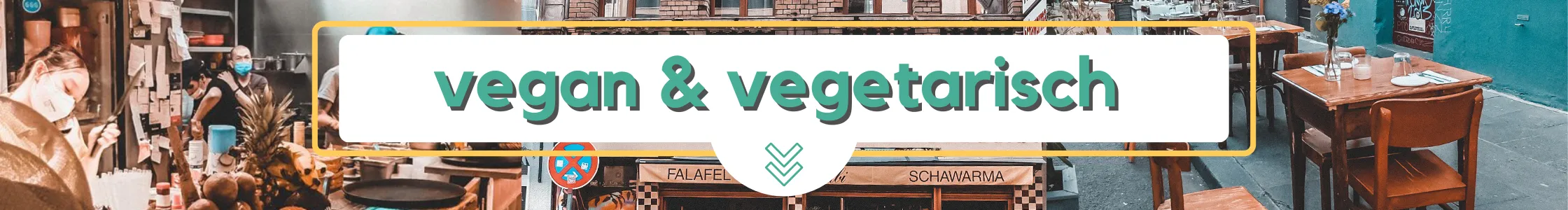 Die Einrichtung des Restaurants mit Holztischen und -stühlen und dem eingeblendeten Text "vegan & vegetarisch" ist ideal für Kölner, die auf der Suche nach veganen und vegetarischen Optionen sind.