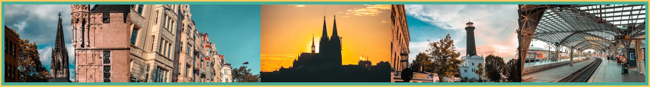 A website Banner featuring several images of Cologne's iconic buildings and sites including the Dom, The Train Station, Ehrenfeld's Light