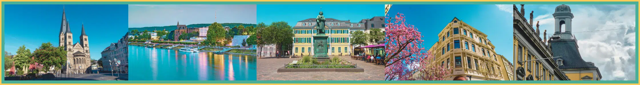 Bonn Highlights Banner A banner featuring 5 images of Bonn including the Bonner Münster, a view of the Rhein River, the statue of Beethoven in front of the Postamt and sections of the university.