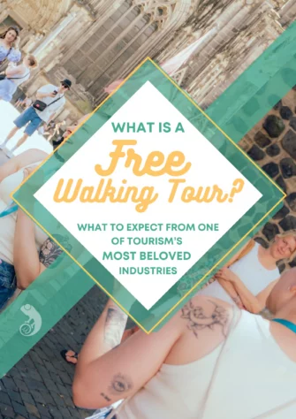 What is a free walking tour EN A blog post cover with the words What is a free walking tour EN? centered in a diamond shape. On either side a guide works in front of a group in Cologne.
